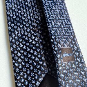 Brioni Designer Neck Tie Blues Black Geometric 100% Silk Made in Italy